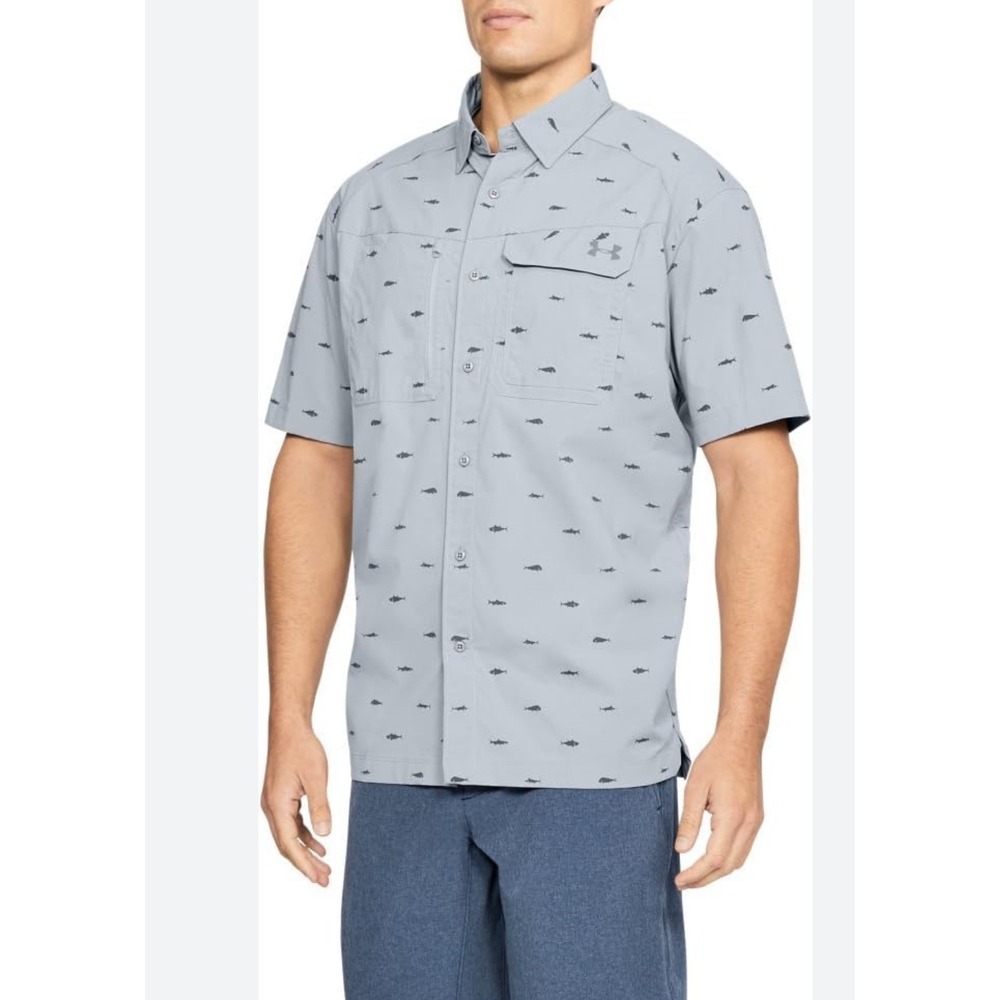 Under Armour Mens XXL Gray Fish Print‎ HeatGear Short Sleeve Button Up Shirt